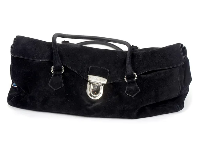 VÄSKA, PRADA, svart mocka, vitmetall detaljer, 38x18x10 cm.