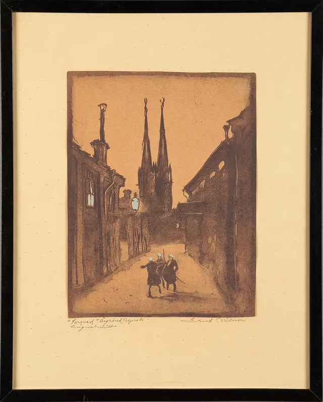 ERNST NILSSON. ''Serenad'' Äsgränd, Uppsala'', signerad, grafiskblad.