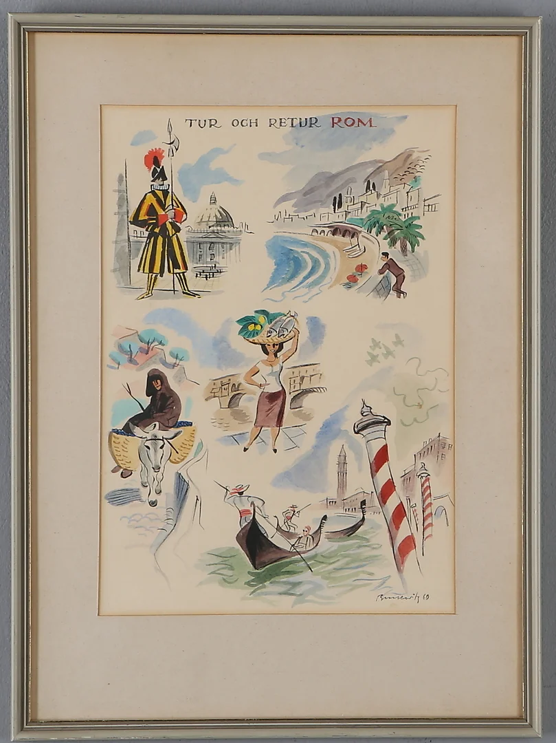 GUNNAR BRUSEWITZ. "Tur och Retur Rom", akvarell, signerad samt daterad 60. — Paintings — Auktionshuset Kolonn