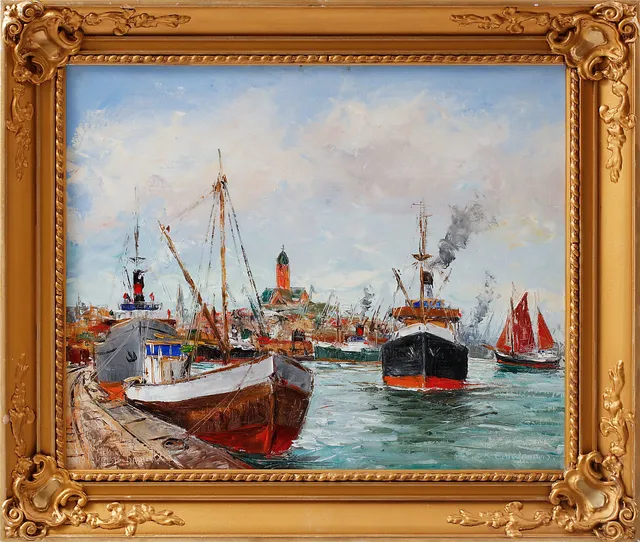 KURT ERIK HEINONEN. "Göteborgs hamn", olja på duk, signerad.