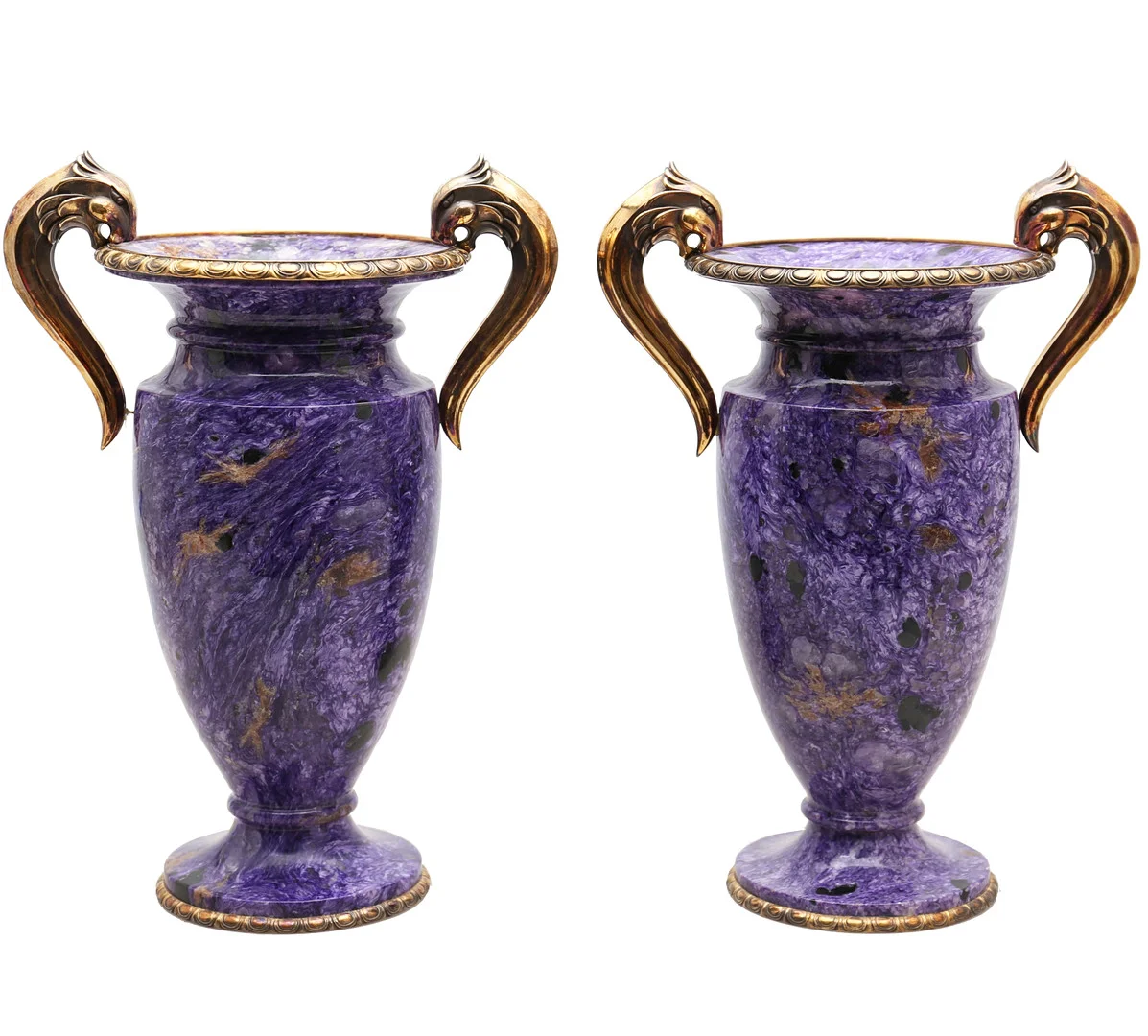 Two French charoite vases carved with “vermeil” silver frames, from the first half of the 20th century. — Silver — Balclis