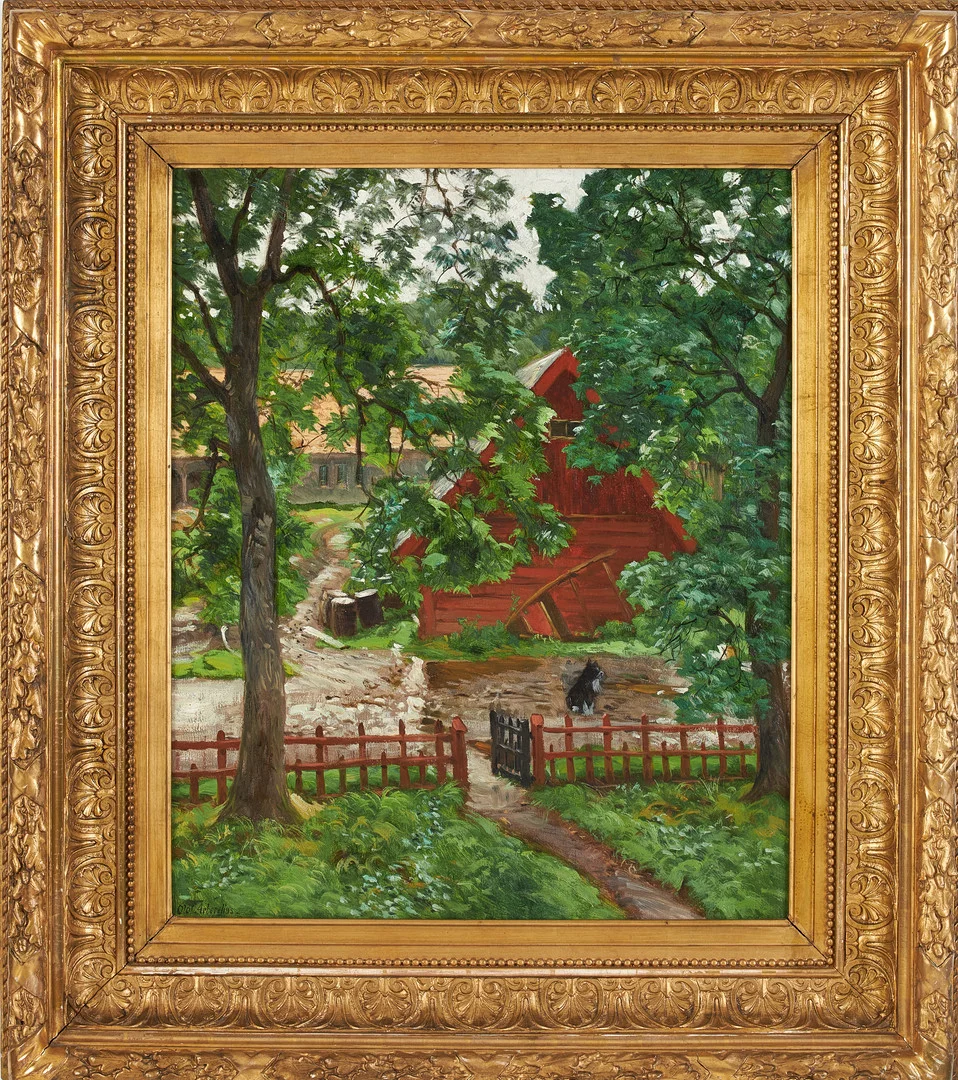 OLOF ARBORELIUS. Röd grind framför ladugård och hund, signerad Olof Arborelius, olja på duk. — Paintings — Stockholms Auktionsverk Sickla