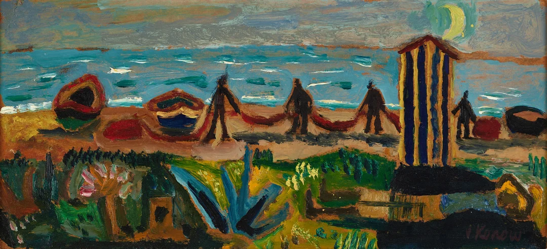 JURGEN VON KONOW. Komposition med fiskare, signerad J Konow, olja på pannå. — Paintings — Crafoord Auktioner Stockholm