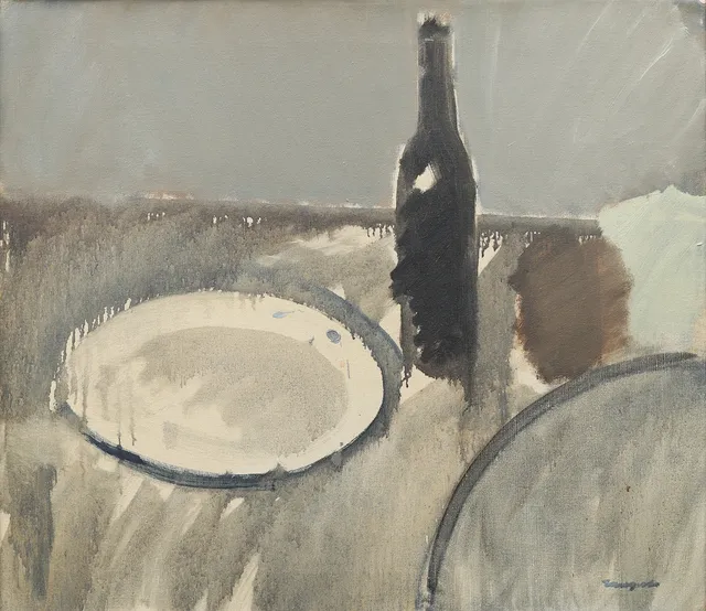 OLLE LANGERT (1924-2016). Flaska och vit tallrik, olja på duk, signerad.