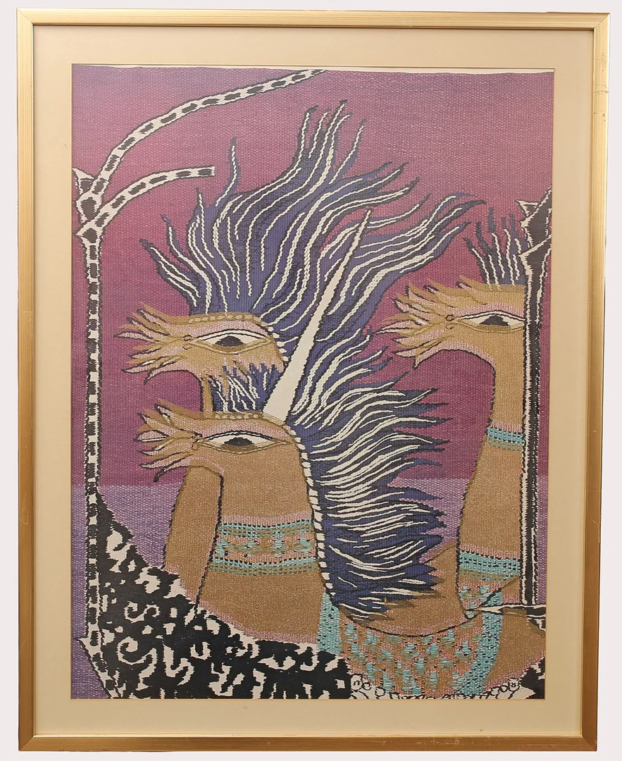 MAX WALTER SVANBERG. offsettryck med guldprägling, Detalj ur gobeläng "Hjulspår". — Engravings & Prints — Limhamns Auktionsbyrå