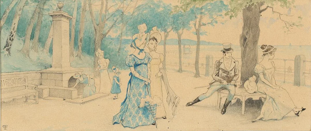 People strolling at Emiliekilde. Signed with monogram. Watercolour and pencil on paper. Visible size 11×26 cm. — Prints & Drawings — Bruun Rasmussen