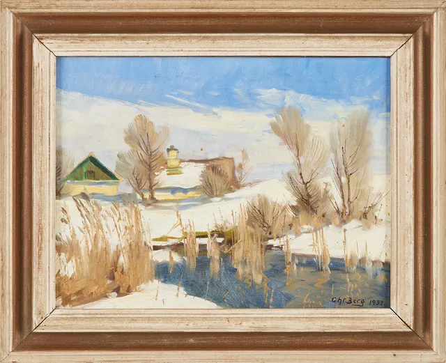 CHRISTIAN BERG. (1893–1976) Vinterlandskap med hus, signerad och daterad 1933, olja på duk.