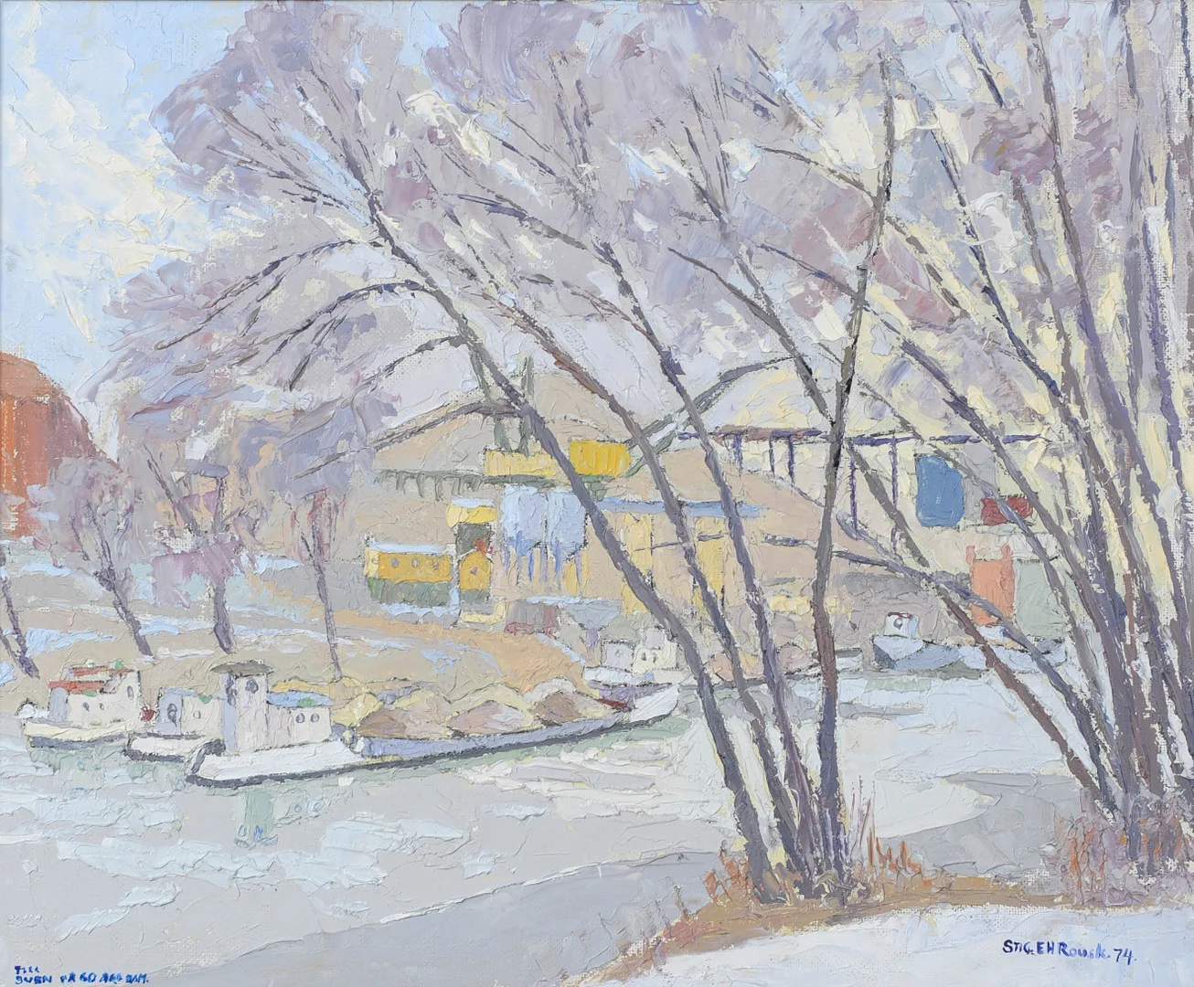 STIG EH ROUSK. Stad i vinter, Olja på duk, signerad, daterad -74. — Paintings — Formstad Auktioner