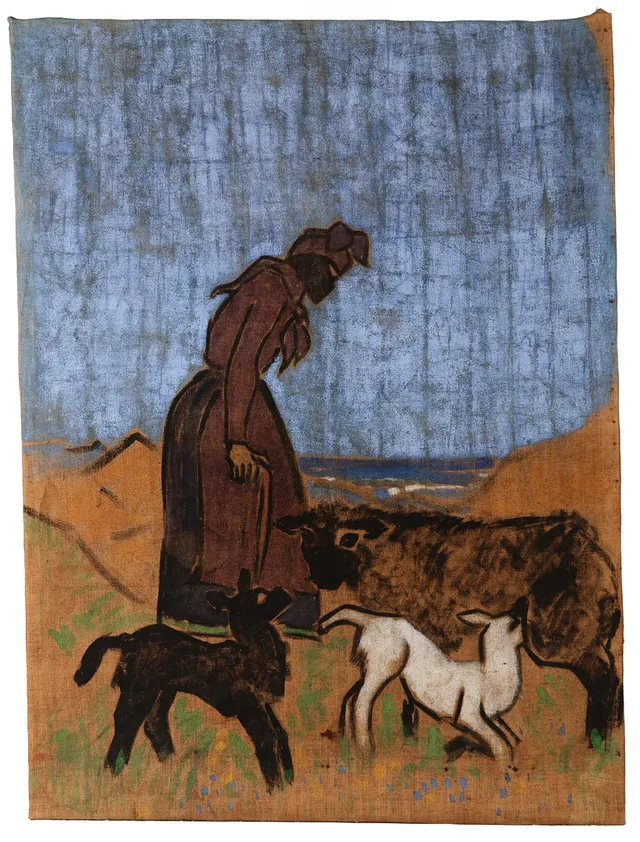 UBEKENDT KUNSTNER. Motiv antagelig fra Fanø med kvinde og får, bemalet sækkelærred, usigneret, 1900 tallets første halvdel.
