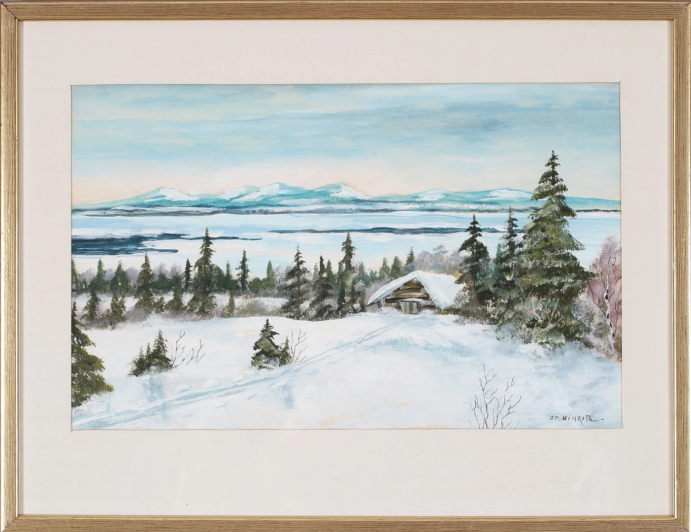 FINGAL WINROTH. Vinterlandskap, blandteknik på papper, signerad. — Paintings — Stadsauktion Sundsvall