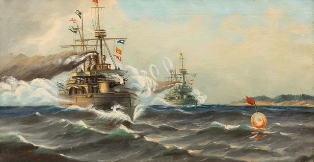 ALFRED WETTERSTRÖM. Svenska pansarfartyg, olja på duk, signerad, daterad 1911.