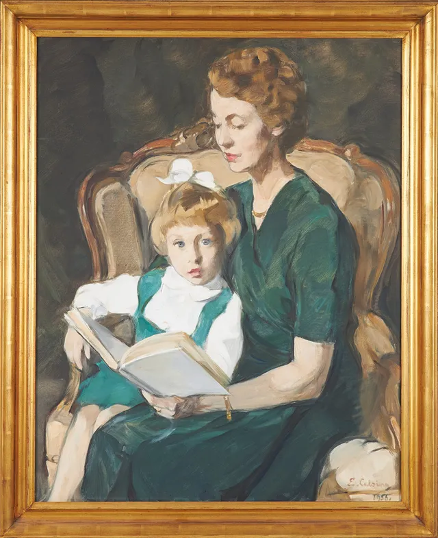 ELSA CELSING. porträtt med mor och dotter, olja på duk, signerad samt daterad 1955.