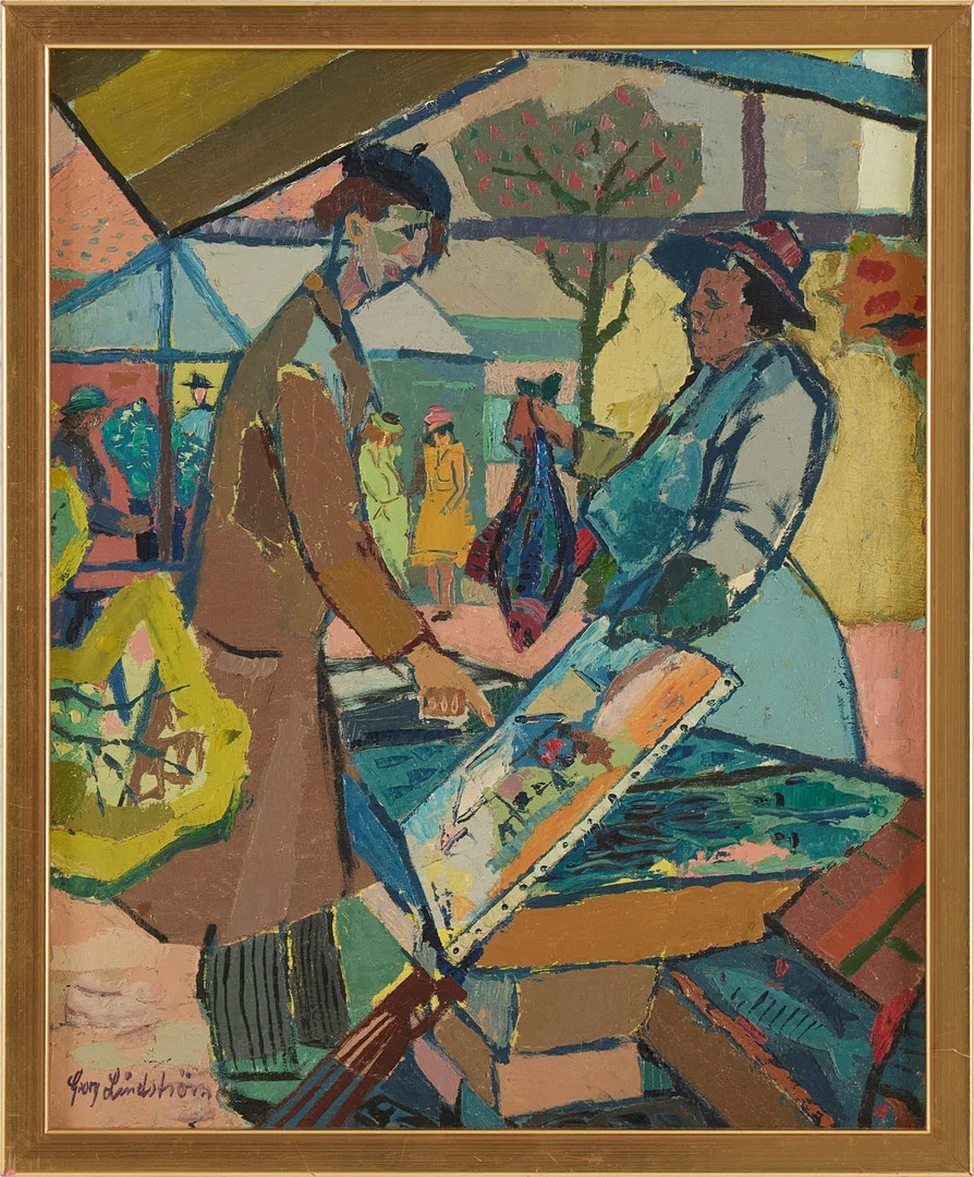 GEORG LINDSTRÖM. (Sverige, 1912-1985) Torghandlare, signerad och daterad, olja på duk. — Paintings — Stockholms Auktionsverk Magasin 5