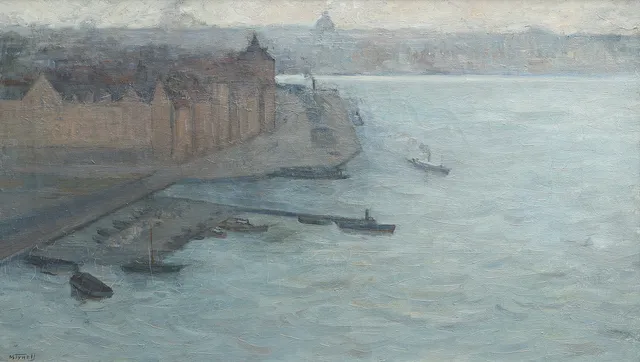 MÄRTHA TYNELL. STOCKHOLMSMOTIV, SKEPPSBRON, OLJA PÅ DUK.