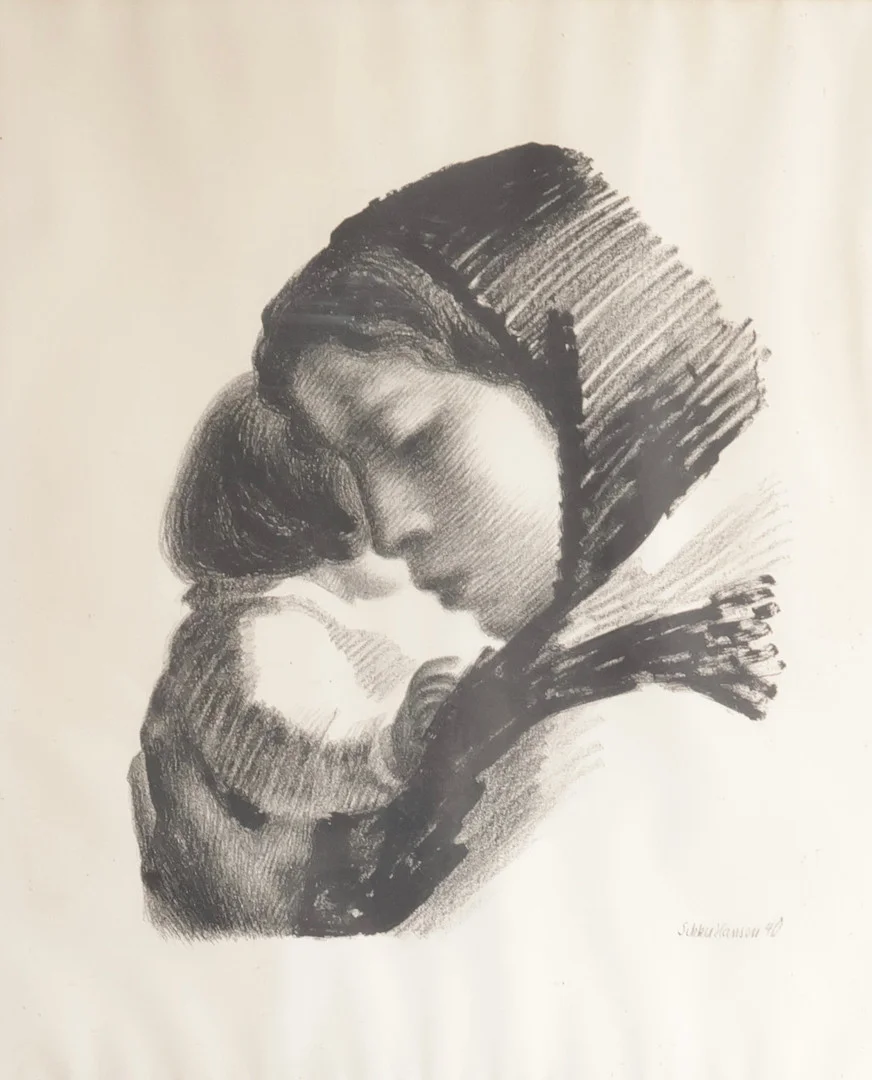 AAGE SIKKER HANSEN (1897-1955). Mor og barn, litografisk tryk, signeret og dateret, Sikker Hansen -40. — Engravings & Prints — Woxholt Auktioner
