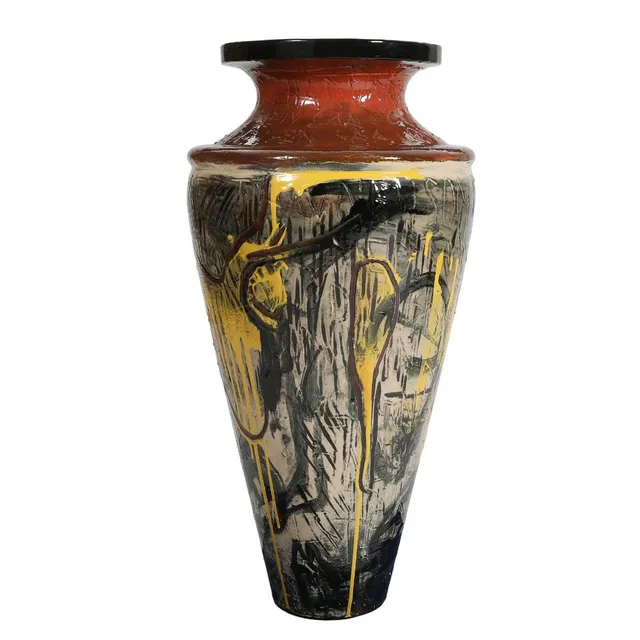 Floor vase of faience, decorated in polychrome glaze with incised writing. Signed P. Brandes 04. Made at Tommerup Teglværk. Unique. H. 93. Diam. 44 cm.