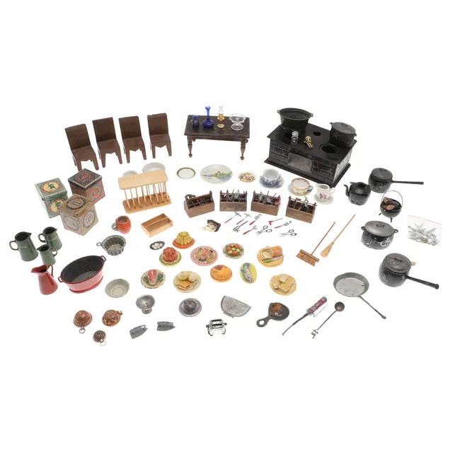 DOLLS HOUSE ACCESSORIES INCLUDING KITCHEN ITEMS.