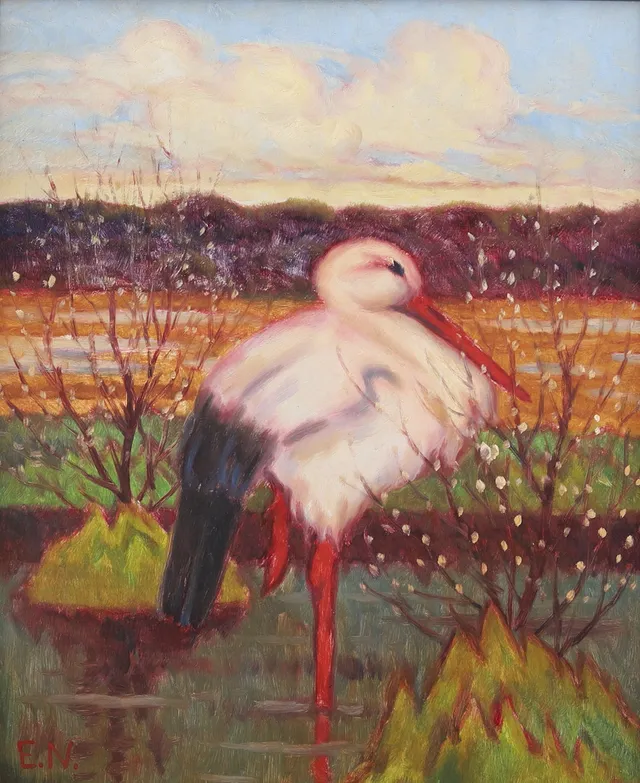 ERNST NORLIND. Vilande stork, olja på pannå, signerad.