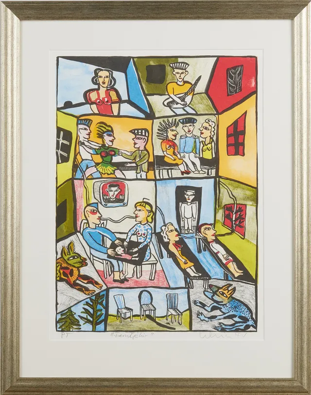 ULRICA HYDMAN-VALLIEN. ''Familjeliv'', signerad, pt, färglitografi.