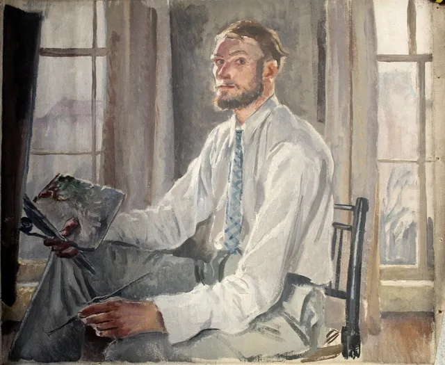 STEPHEN BONE (1904-1958). SELF PORTRAIT OF THE ARTIST IN HIS STUDIO.