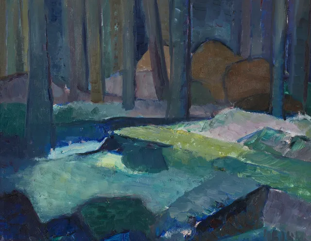 MARTHE BOHM (Warnsdorf/Böhmen 1898-1972), "Skogsinteriör" (från Kråkön"), signerad, olja på duk ställd på pannå.