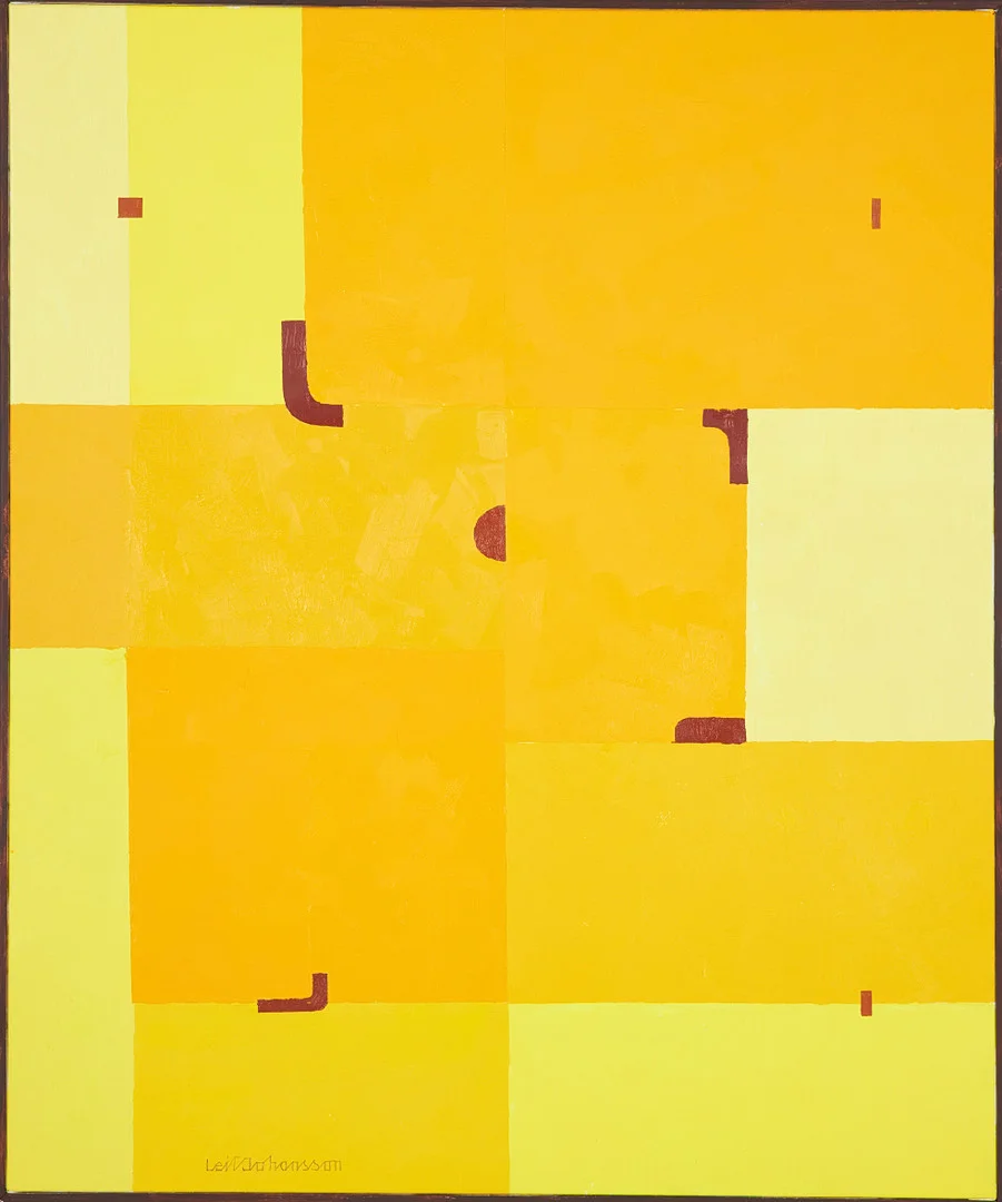 LEIF JOHANSSON. Abstrakt komposition i gula färger, olja på duk, signerad. — Paintings — Stockholms Auktionsverk Sickla