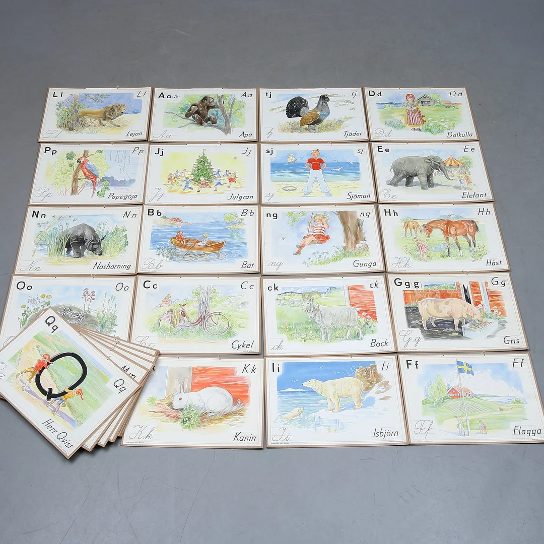 MAJ LINDMAN. ABC-planscher, 33 st, ADC-Bilder, Norstedts, Esselte Stockholm. — Other — Auktionshuset Kolonn