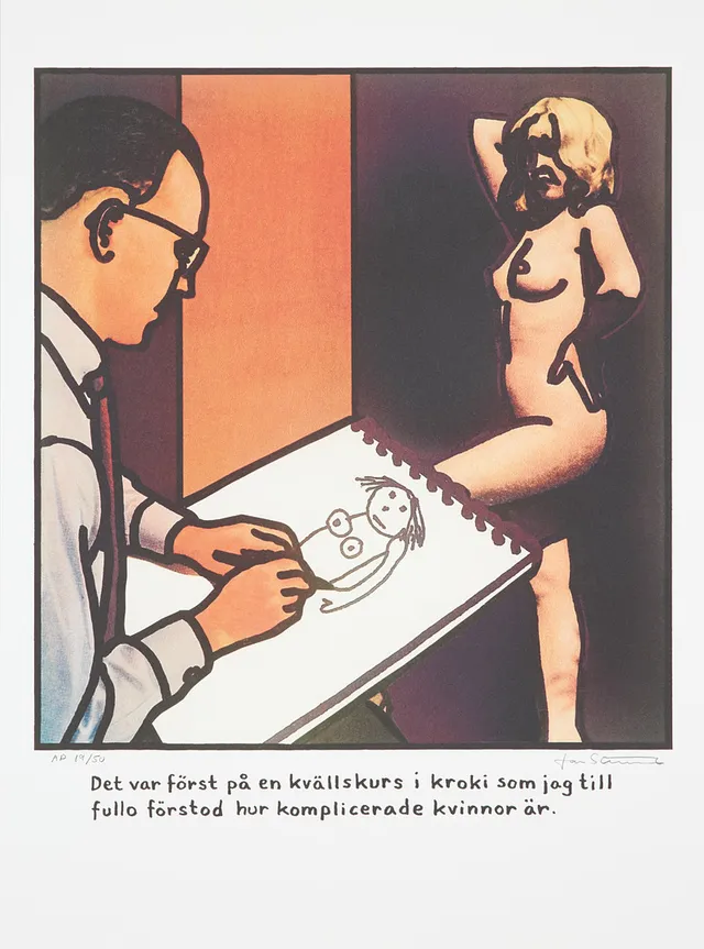 JAN STENMARK. "Det var först på en kvällskurs i kroki som jag till fullo förstod hur komplicerade kvinnor är", färgoffsettryck, signerad och numrerad AP 19/50.