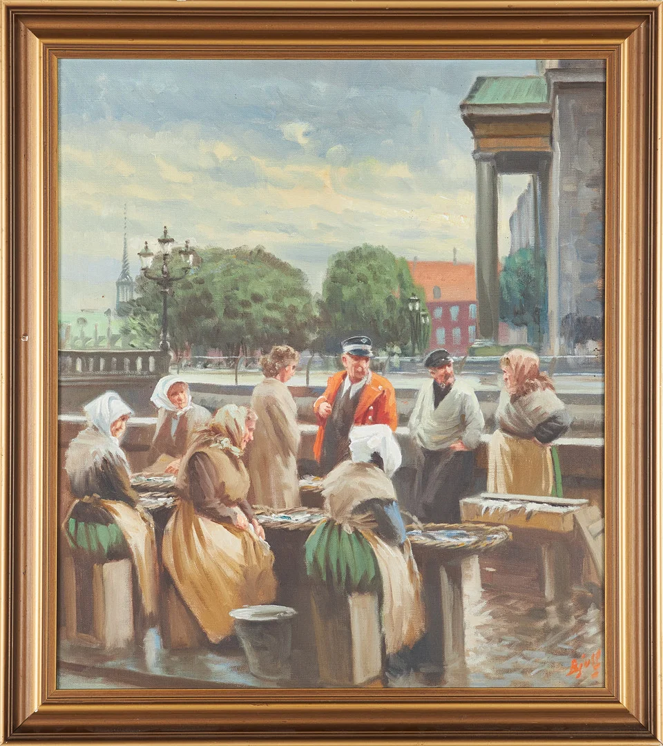 SØREN CHRISTIAN BJULF. Motiv från fiskmarknaden i Köpenhamn, olja på duk, signerad. — Paintings — Stockholms Auktionsverk Sickla
