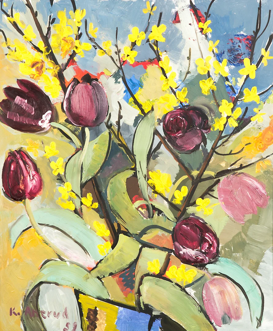 KNUT ANERUD. Blomsterstilleben, olja på pannå, signerad K. Anerud 52. — Paintings — Helsingborgs Auktionskammare