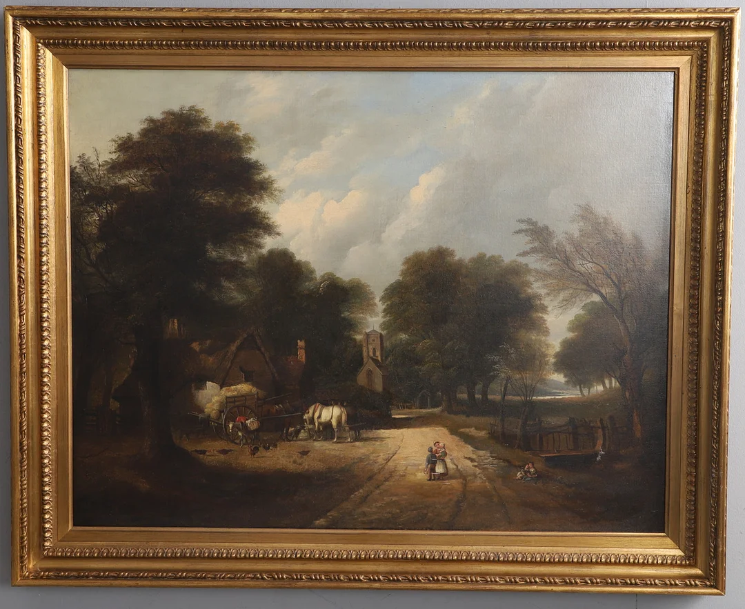 CIRCLE OF GEORGE AUGUSTUS WILLIAMS (1814-1901). A WOODED LANDSCAPE WITH FIGURES ON A SUNLIT PATH, HORSES AND OTHER ANIMALS BESIDE A THATCHED BARN WITH A CHURCH IN THE DISTANCE. — Paintings — Lawrences Auctioneers
