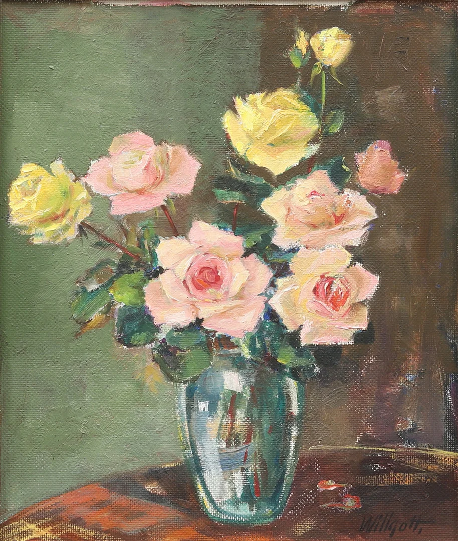 WILLGOTT JEPPSSON (1907-1956). Blomsterstilleben, olja på ppannå, signerad Willgott. — Paintings — Garpenhus Auktioner