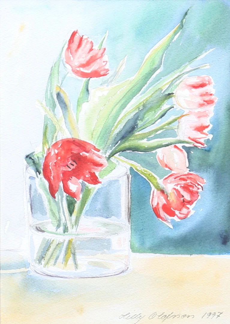 LILLY OLOFSSON. Akvarell, tulpaner, signerad, daterad 1997. — Paintings — Auktionshuset Thelin & Johansson