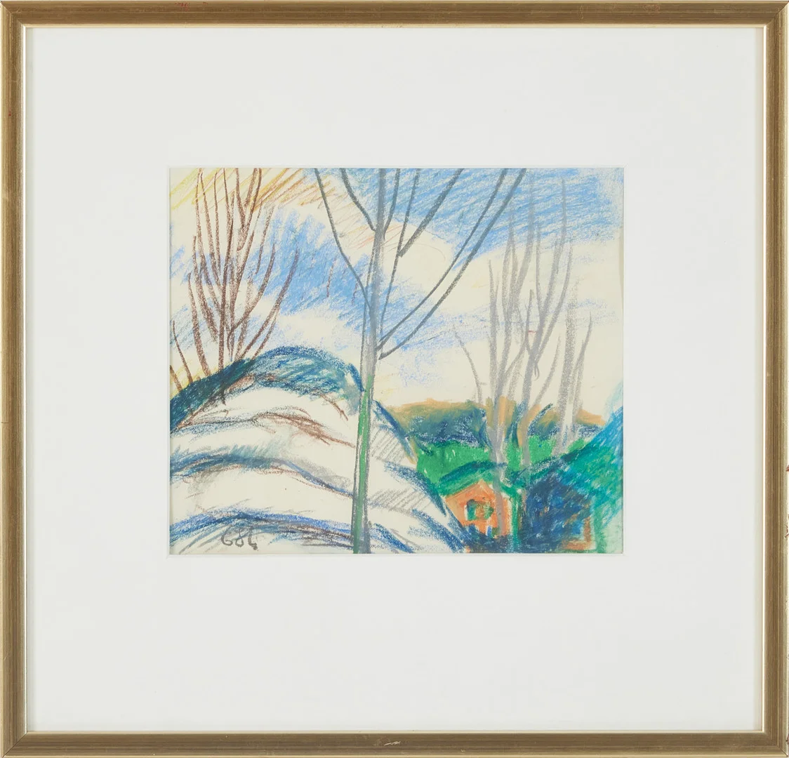 ESTER HENNING. Berg med bebyggelse, pastell på papper, monogramsignerad. — Paintings — Stockholms Auktionsverk Magasin 5