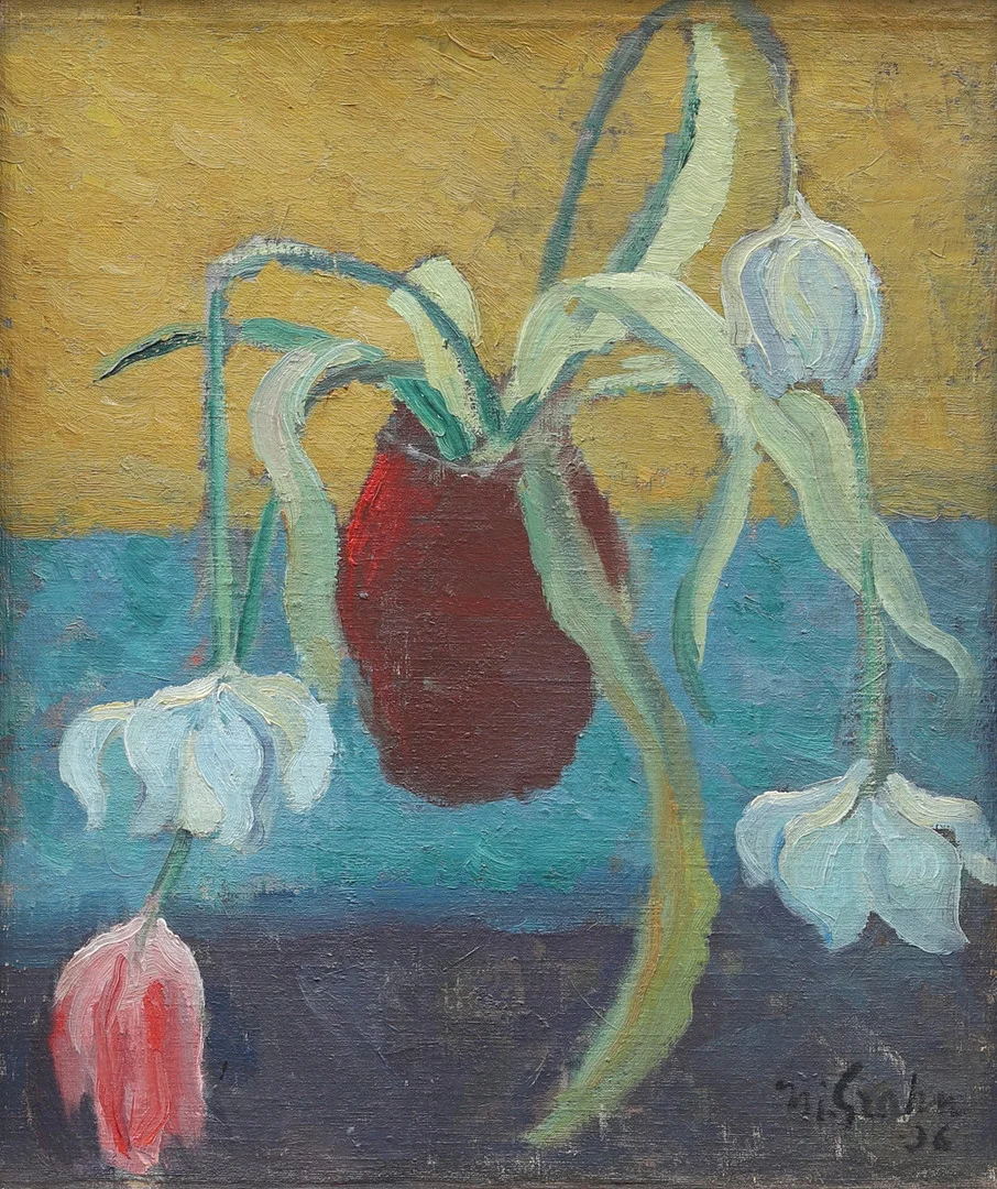 HJALMAR GRAHN. Slokande tulpaner i vas, olja på pannå, signerad och daterad -36. — Paintings — Garpenhus Auktioner