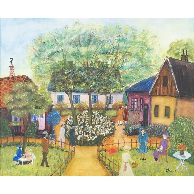 ALMA HANSSON. Trädgård, olja på duk, signerad A. Hansson.
