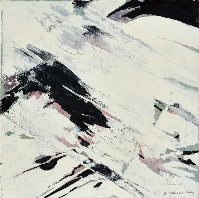 GUNNAR JOHNSSON (1916–1966). "Snöras på tak", signead 'G Johansson',olja på på duk.