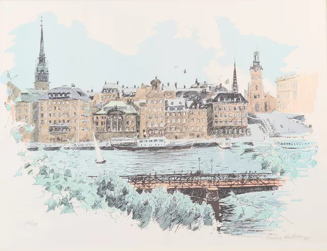BRUNO KARLSSON. Färglitografi, signerad, 23/350. Stockholmsmotiv.