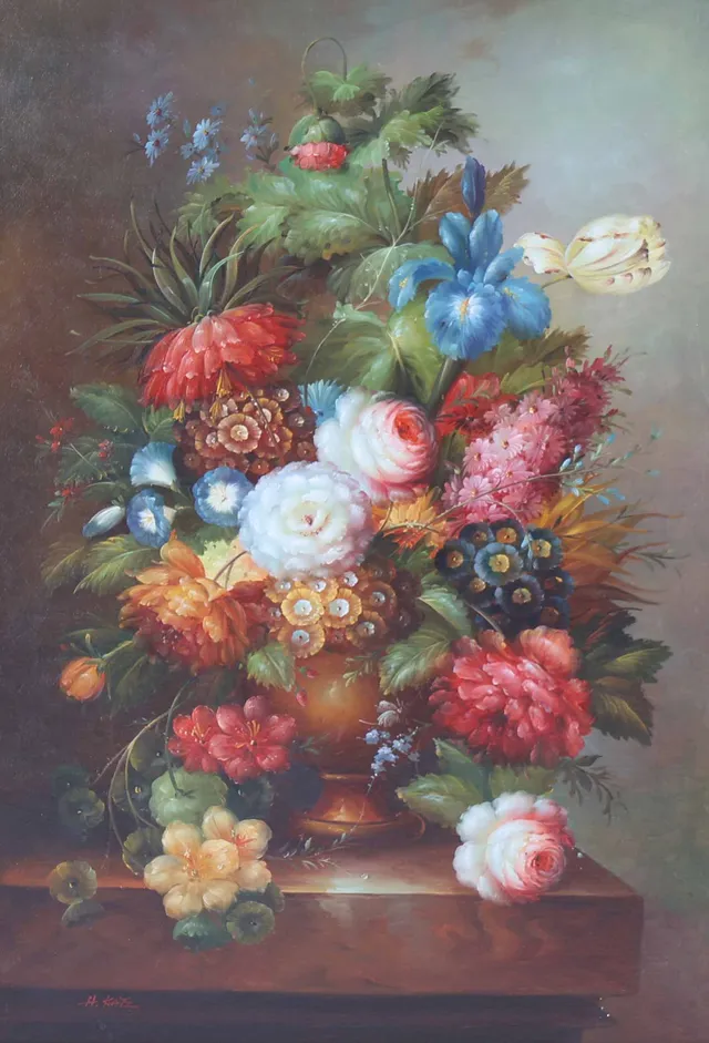 H. Katz: Arrangement with flowers, oil on canvas on plywood board