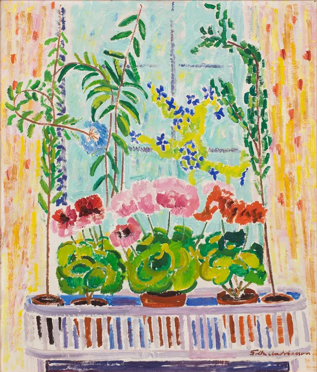 FOLKE ANDRÉASSON. Blomsterbord vid fönster. Olja på pannå.