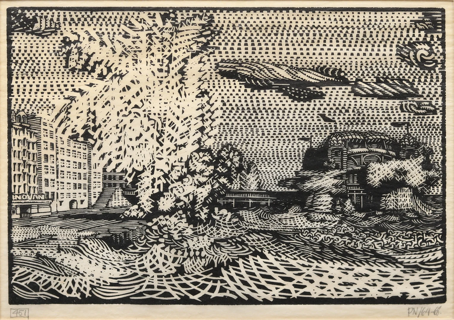 PALLE NIELSEN (1920-2000). Stadsvy, linosnitt, signerad, daterad och numrerad. — Engravings & Prints — Garpenhus Auktioner