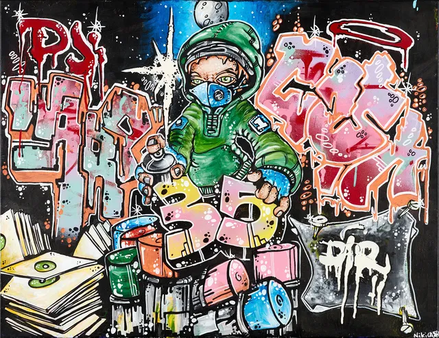 NIKI CASH (FÖDD 1973). Komposition, "35", signerad Niki Cash, mixed media/sprayfärg på duk.