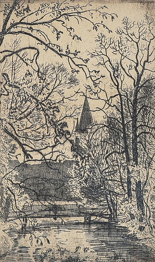 OKÄND KONSNÄR. ETSNING, ej signerad, kyrka vid å. — Engravings & Prints — Metropol Auktioner