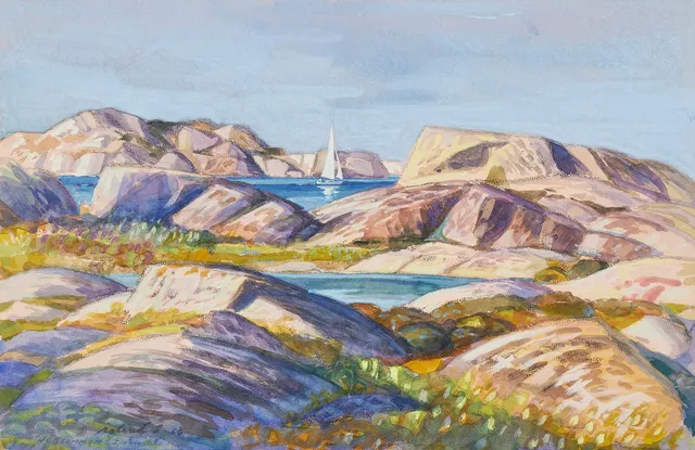 ROLAND SVENSSON. "Högsommar", akvarell på papper, 28 x 43 cm.