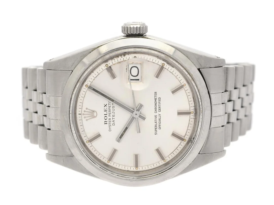 ROLEX, Oyster Perpetual, Datejust (T Swiss T), Chronometer, s.k. "Wide Boy", Ref nr. 1600, Serie nr. 2398161, Cal 1570, Verk nr. D791040, Boett nr. 1600, herrur, 36 mm, stål, automatisk, plexiglas, datum, skadad urtavla, defekt (går ej, balansaxel av, akut servicebehov), skadad boett (porer), Jubileelänk, viklås, Ref nr. 62510H-N4/555, tillverkad fjärde kvartalet 1969. — Klockor/Rolex — Kaplans
