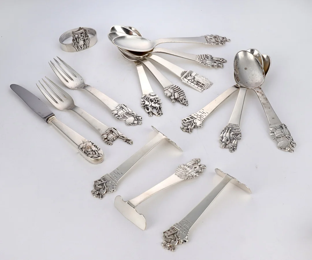 Horsens Silverware Factory and others Silver children's cutlery from the 'Eventyr series' (15) — Silver, bronze, copper and pewter/Silver flatware — Lauritz