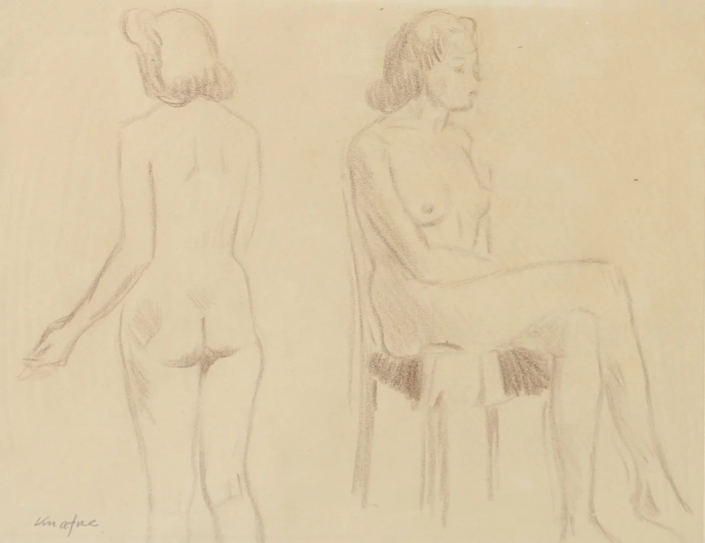 NILS FOLKE KNAFVE. Kvinnostudie, teckning, signerad Knafve. — Drawings — Helsingborgs Auktionskammare