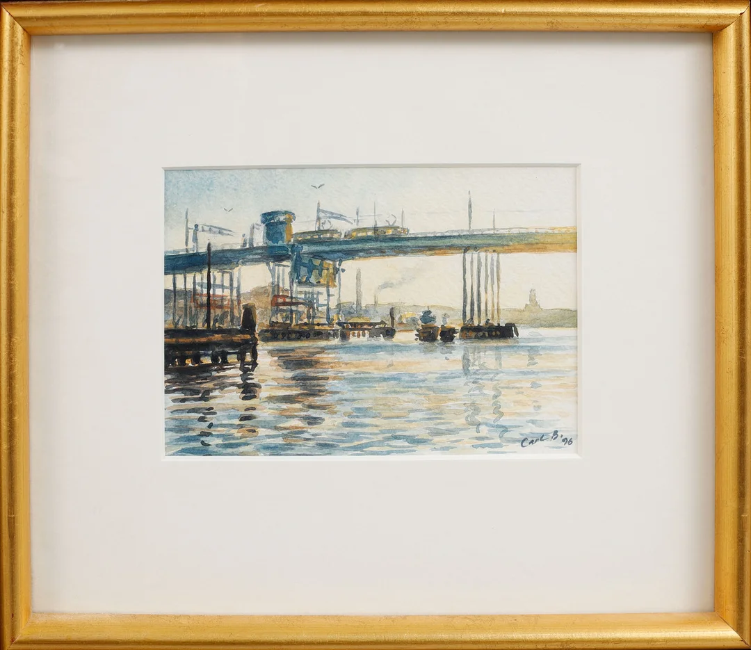 CARL BJERKÅS. "Götaälvbron". Akvarell, signerad och daterad -96. — Paintings — Göteborgs Auktionsverk