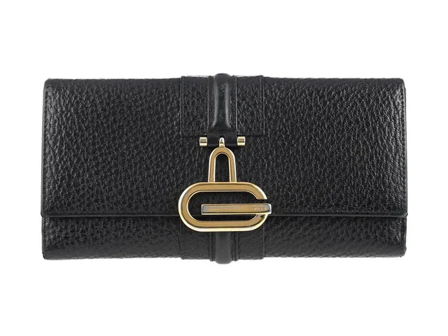 PLÅNBOK, GUCCI, svart präglat läder, guldfärgade beslag, 19x9,5 cm, kort, mynt, sedel.