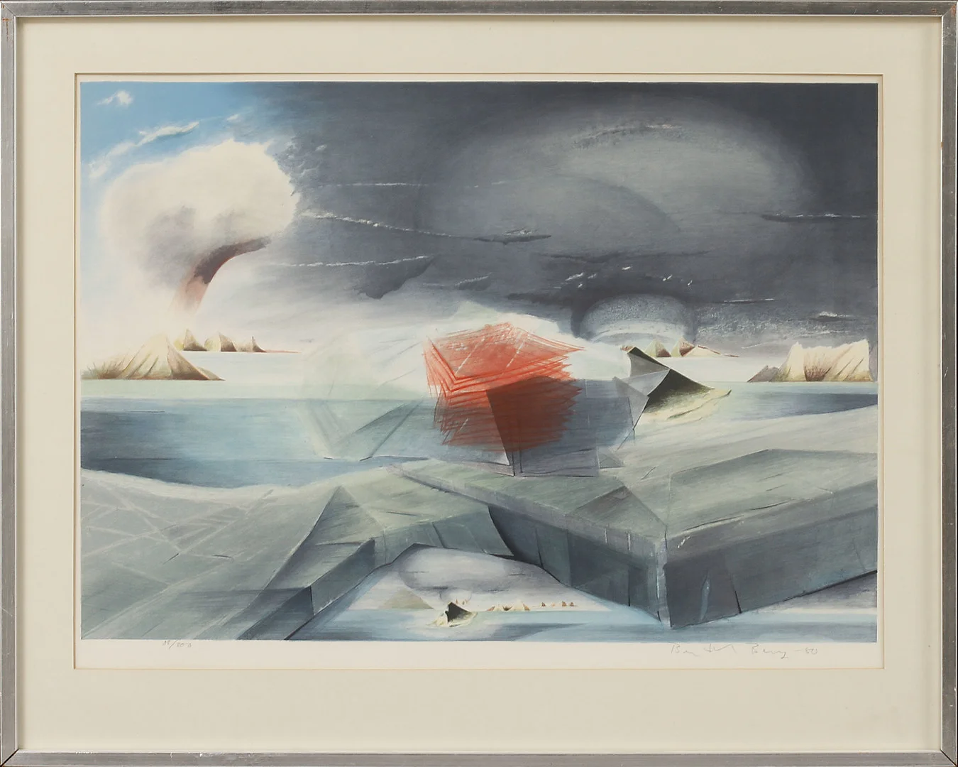 BERTIL BERG. Surrealistisk bild, färglitografi,signerad och numrerad 88/300. — Engravings & Prints — Göteborgs Auktionsverk